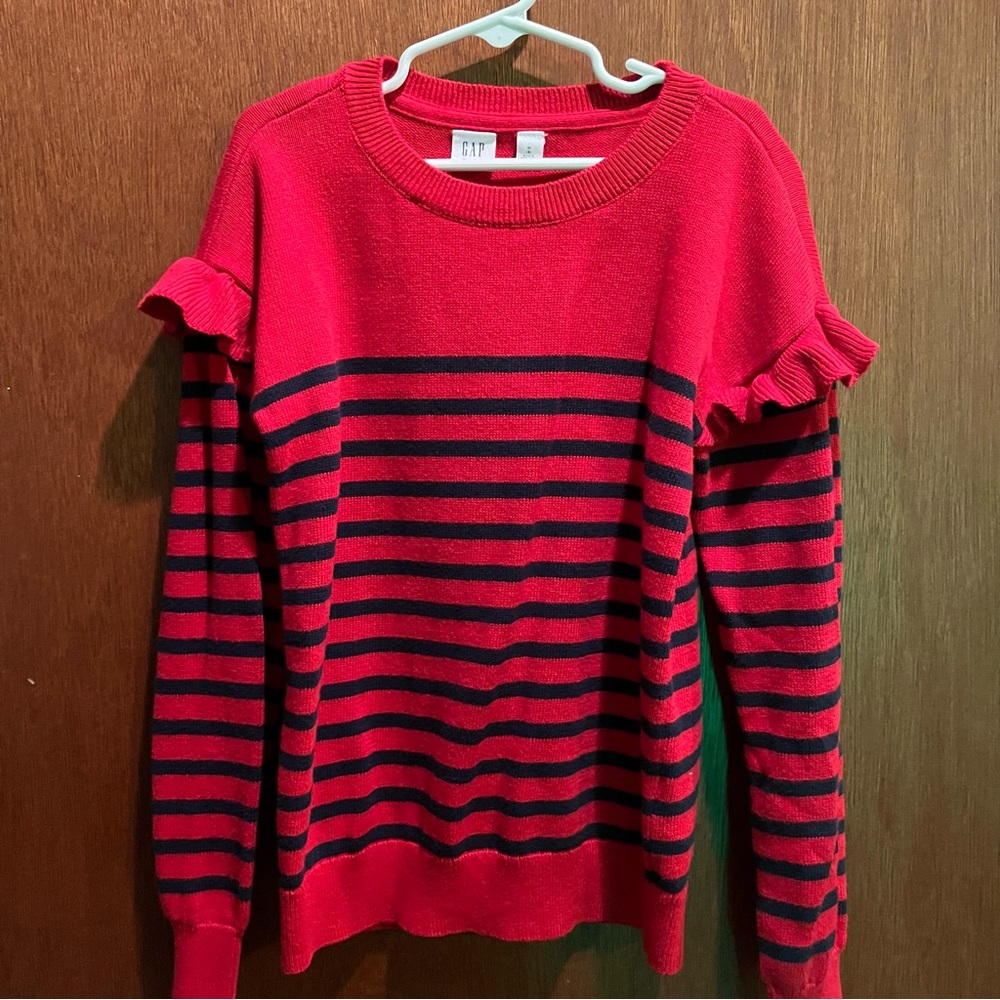 Gap Kids Striped Sweater with Ruffle Shoulder, Red, Navy
